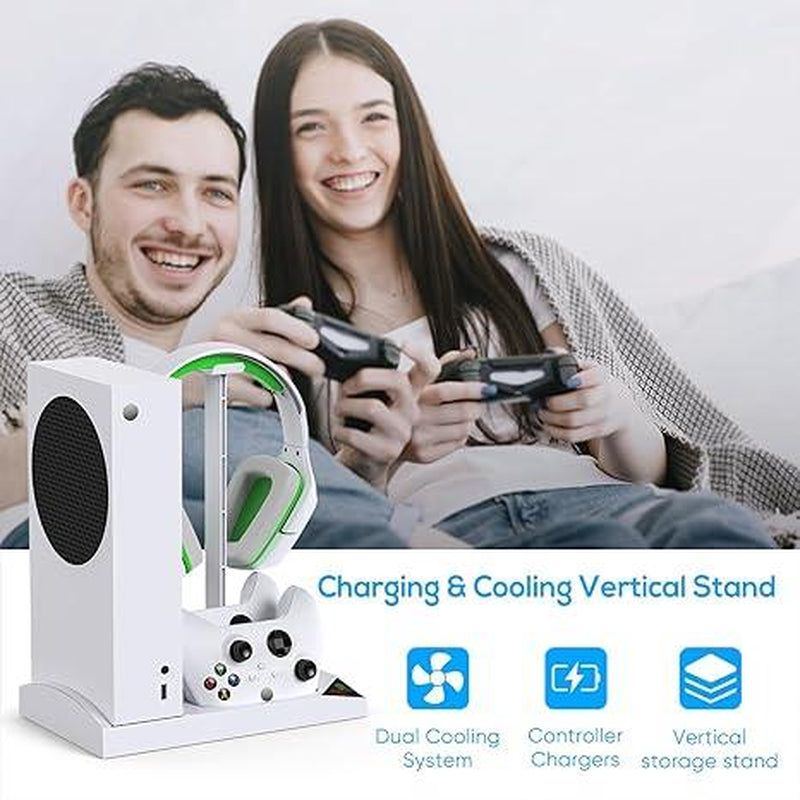 Cooling Fan with Charging Stand for Xbox Series S Console and Controller, Dual Charger Dock Accessories with 2 X 1400Mah Rechargeable Battery and Cover, Headphone Mount for Xbox Series S, White Smartphone Box Controller Fallout Xbox Controller