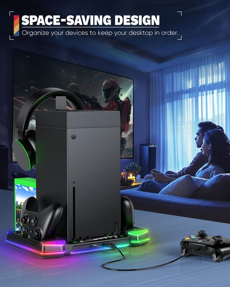 Top Auto Cooling Fan & Charge Stand for Xbox Series X Console with 11 Light Modes, Accessories Controller Wireless Charger Dock, 2 * 1400Mah Rechargeable Batteries, Headset Stand & Game Disc Storage Box Controller Xbox Controller Smartphone Wearable