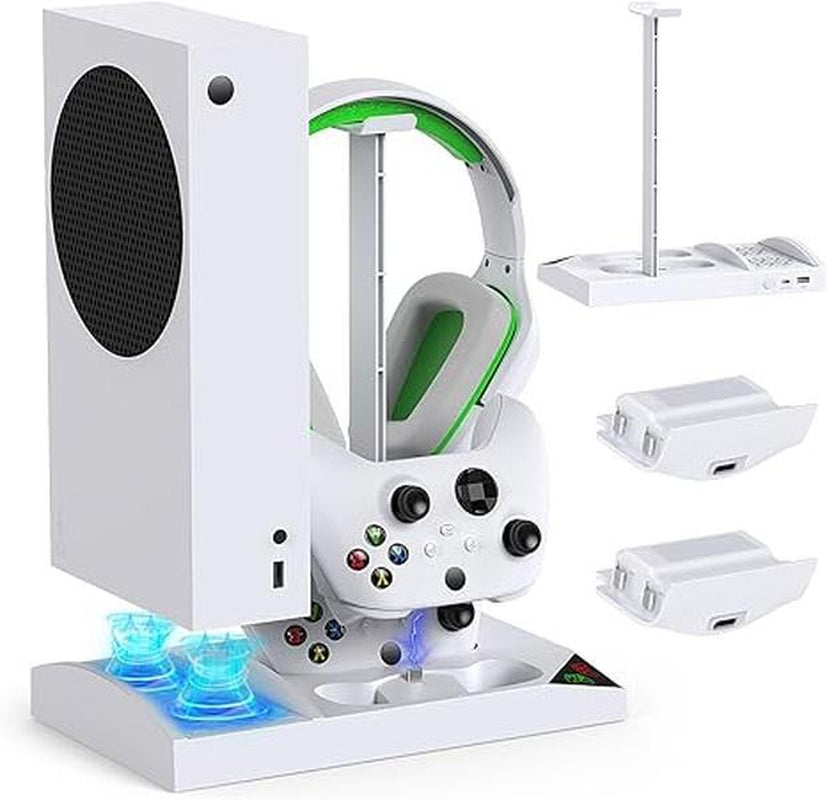 Cooling Fan with Charging Stand for Xbox Series S Console and Controller, Dual Charger Dock Accessories with 2 X 1400Mah Rechargeable Battery and Cover, Headphone Mount for Xbox Series S, White Smartphone Box Controller Fallout Xbox Controller