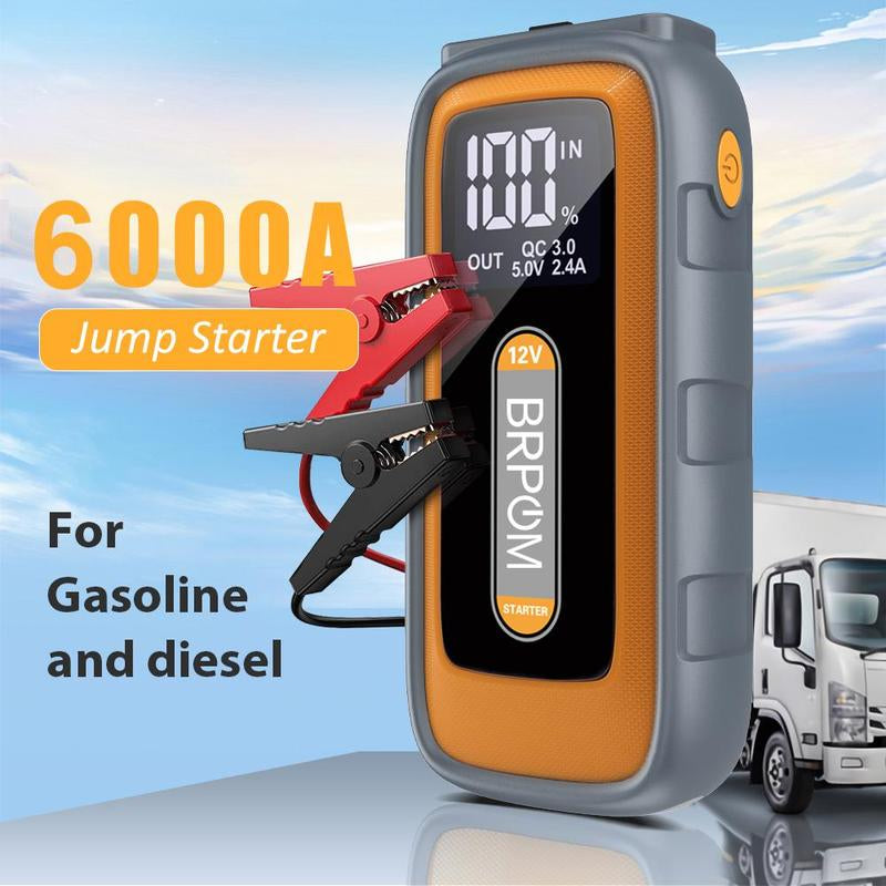 BRPOM 6000A Car Jump Starter,(All Gas/10.0L Diesel) 12V Auto Booster Battery Charger Jumper Box with Display Car Battery Jump Starter Digital Tire