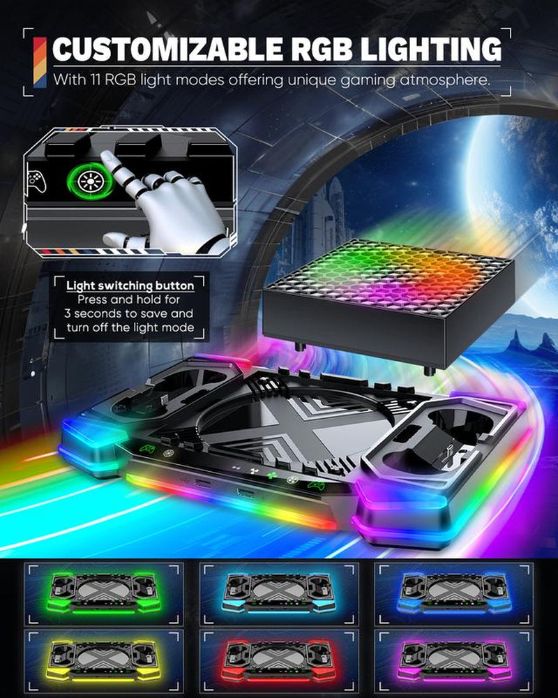 Top Auto Cooling Fan & Charge Stand for Xbox Series X Console with 11 Light Modes, Accessories Controller Wireless Charger Dock, 2 * 1400Mah Rechargeable Batteries, Headset Stand & Game Disc Storage Box Controller Xbox Controller Smartphone Wearable