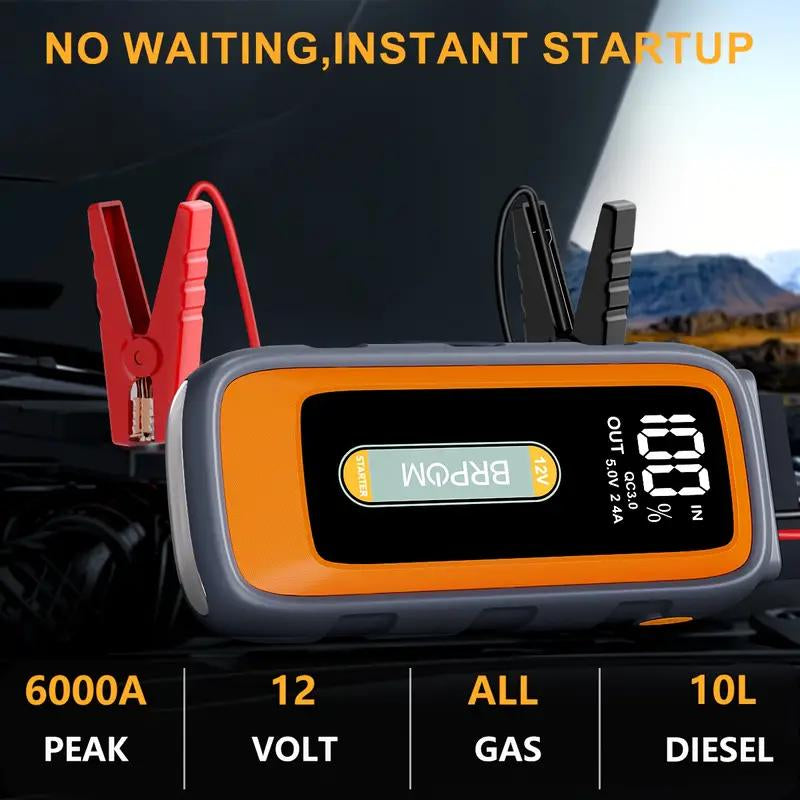BRPOM 6000A Car Jump Starter,(All Gas/10.0L Diesel) 12V Auto Booster Battery Charger Jumper Box with Display Car Battery Jump Starter Digital Tire