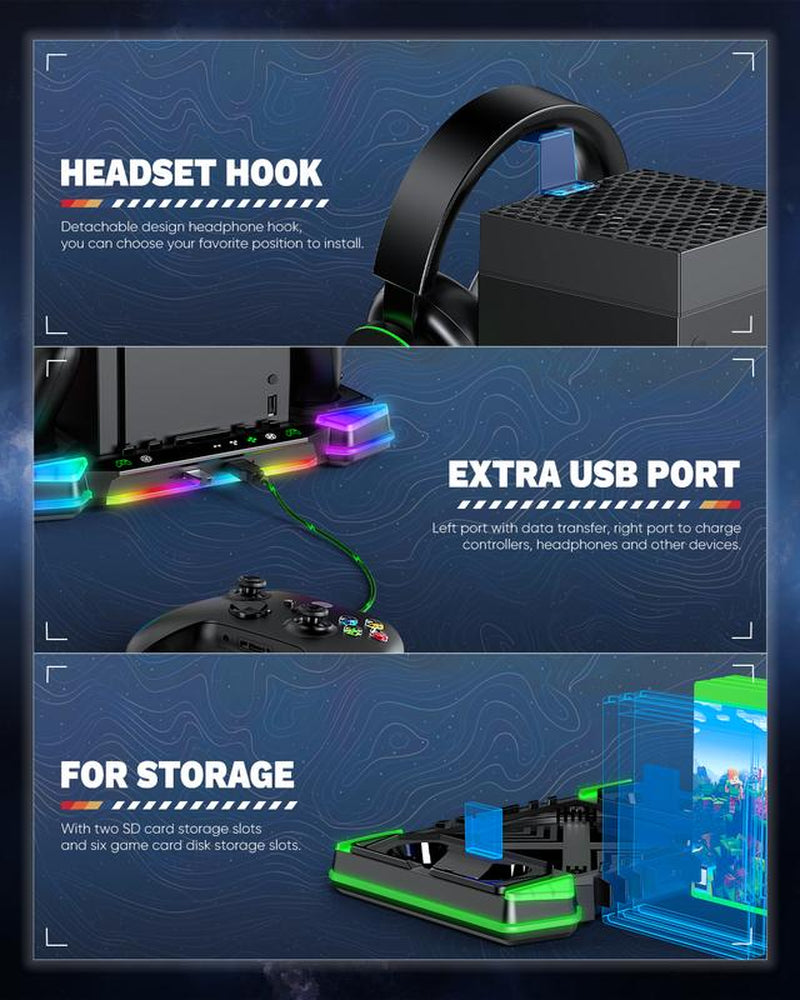 Top Auto Cooling Fan & Charge Stand for Xbox Series X Console with 11 Light Modes, Accessories Controller Wireless Charger Dock, 2 * 1400Mah Rechargeable Batteries, Headset Stand & Game Disc Storage Box Controller Xbox Controller Smartphone Wearable