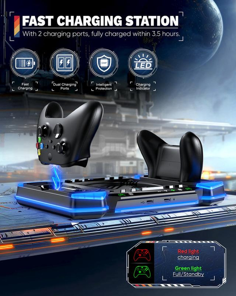 Top Auto Cooling Fan & Charge Stand for Xbox Series X Console with 11 Light Modes, Accessories Controller Wireless Charger Dock, 2 * 1400Mah Rechargeable Batteries, Headset Stand & Game Disc Storage Box Controller Xbox Controller Smartphone Wearable
