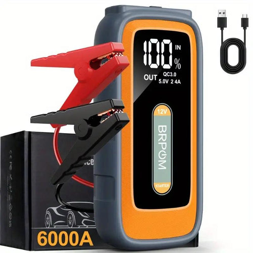 BRPOM 6000A Car Jump Starter,(All Gas/10.0L Diesel) 12V Auto Booster Battery Charger Jumper Box with Display Car Battery Jump Starter Digital Tire